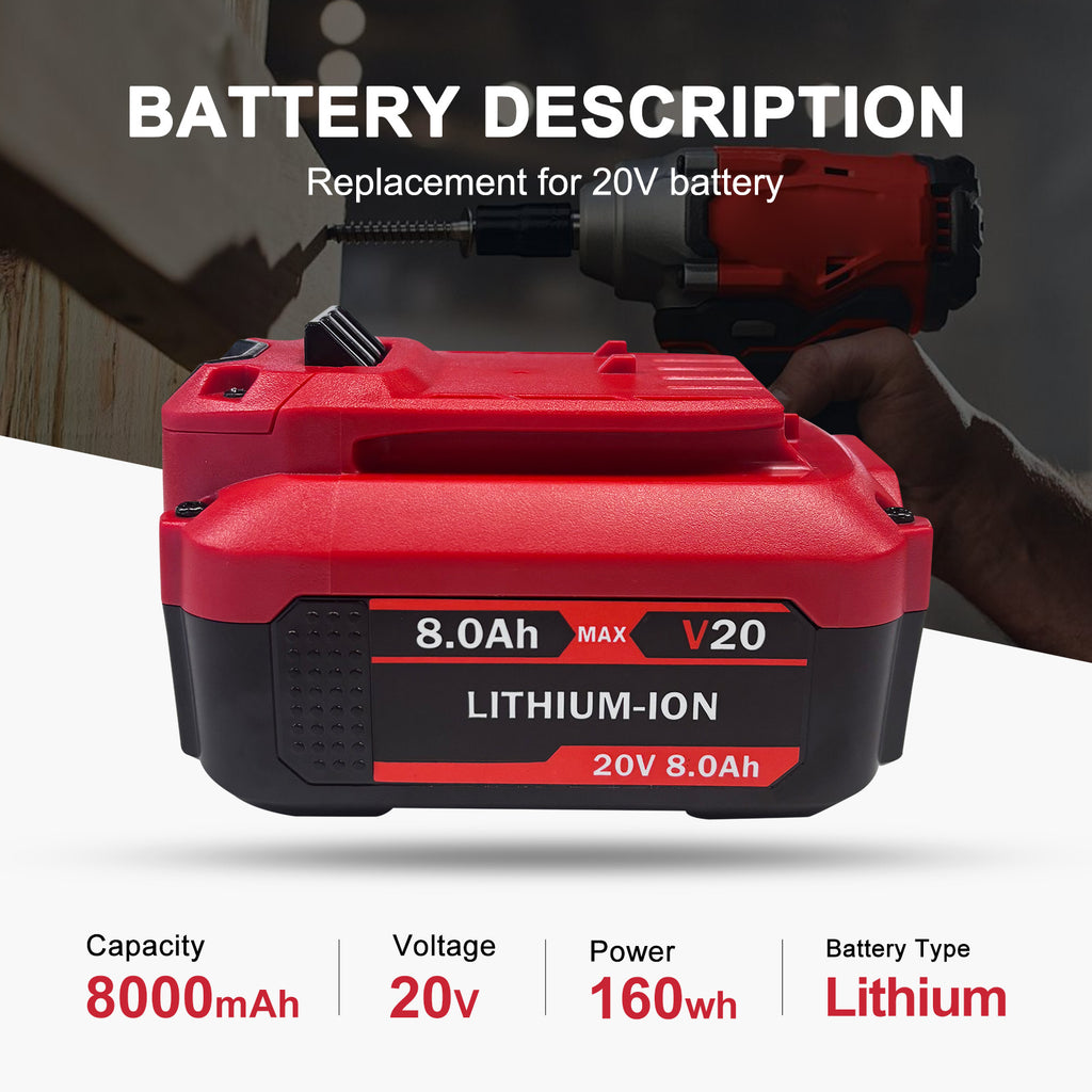 8.0Ah 2 Packs Lithium Battery Replacement for Craftsman 20V Battery CMCB202 CMCB202-2 CMCB204 CMCB204-2 CMCB205 CMCB201 CMCB209 High Capacity Compatible with Craftsman V20 Tools and Chargers