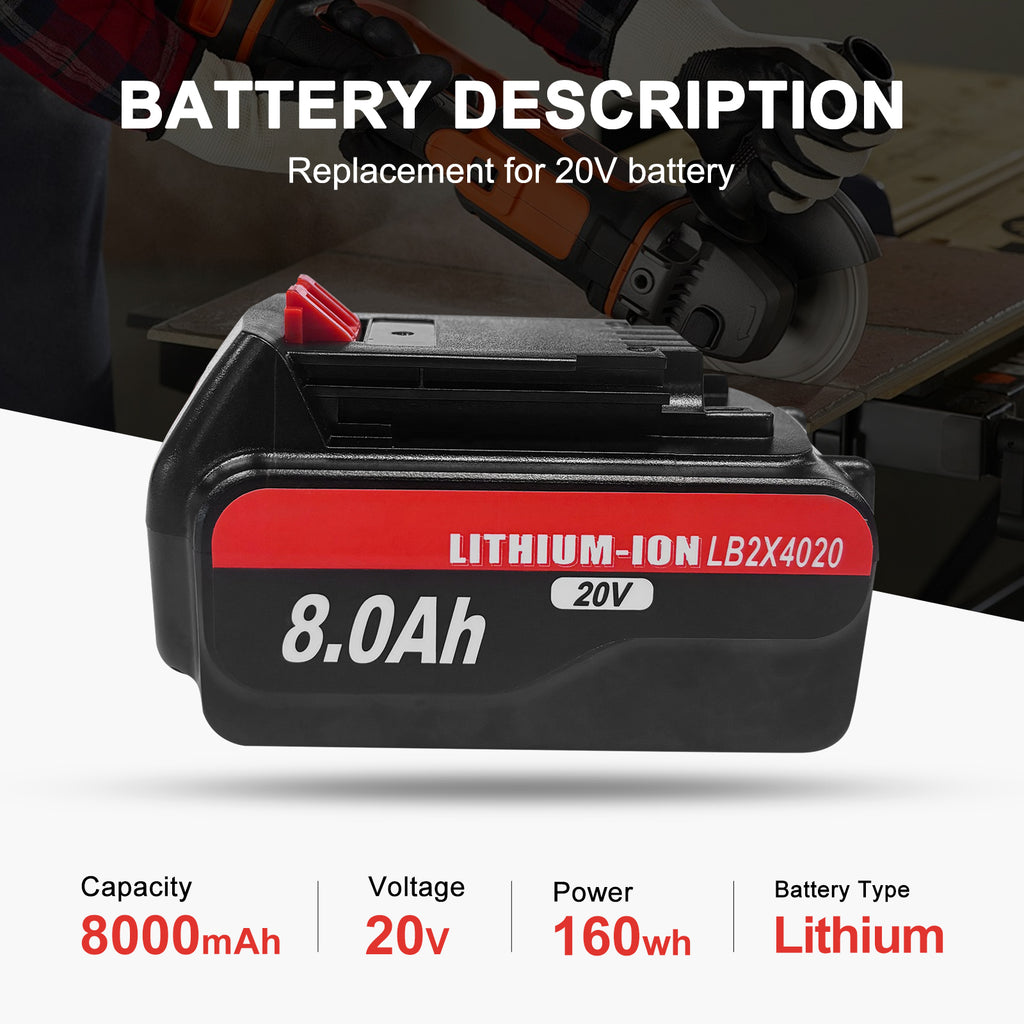 8.0Ah 2 Packs Lithium Battery Replacement for Black and Decker 20V Lithium Battery LB2X4020 LB2X4020-OPE LBXR20 LBXR2020APB Compatible with Black+Decker 20V Max Tools and Chargers