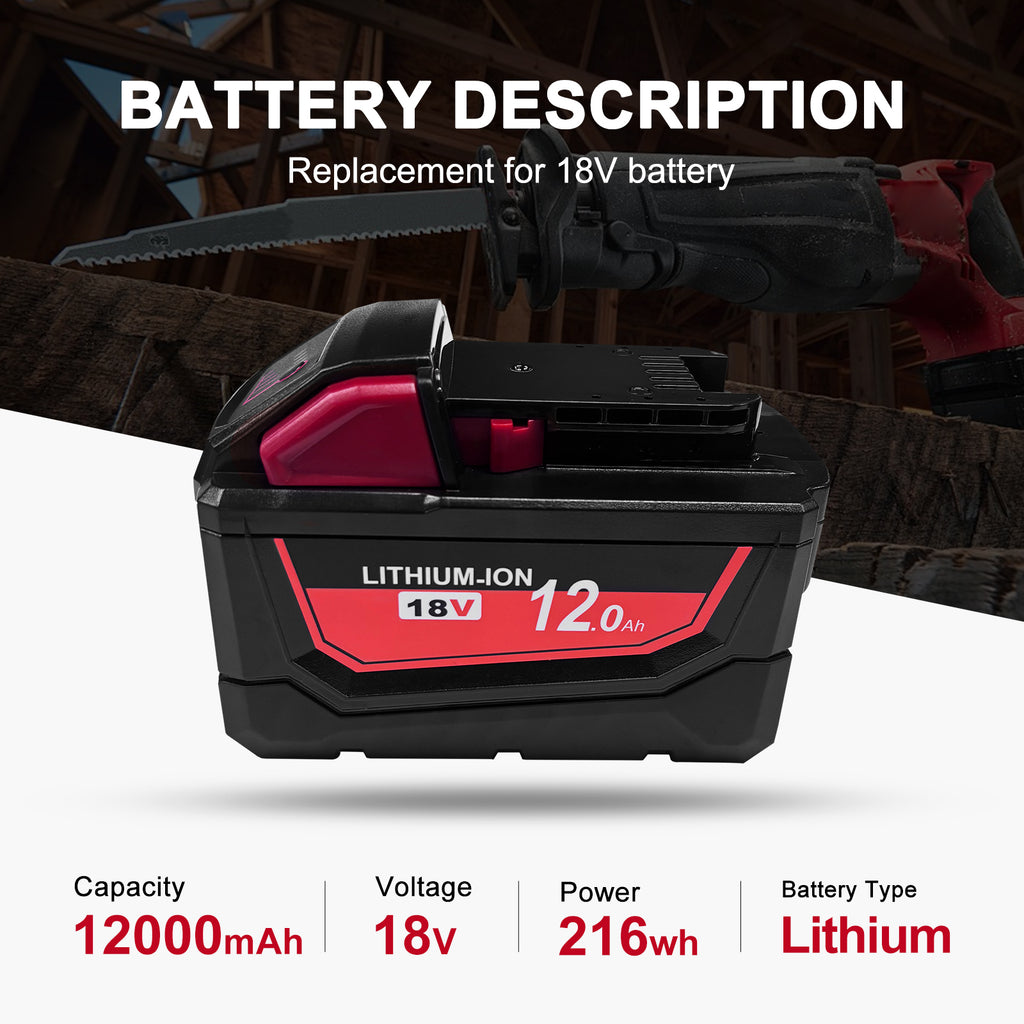 12 Ah Replacement for Milwaukee M18 Battery | Compatible with Milwaukee 48-11-1810 48-11-1820 48-11-1840 48-11-1850 48-11-1828 48-11-1860 18V Cordless Power Tools