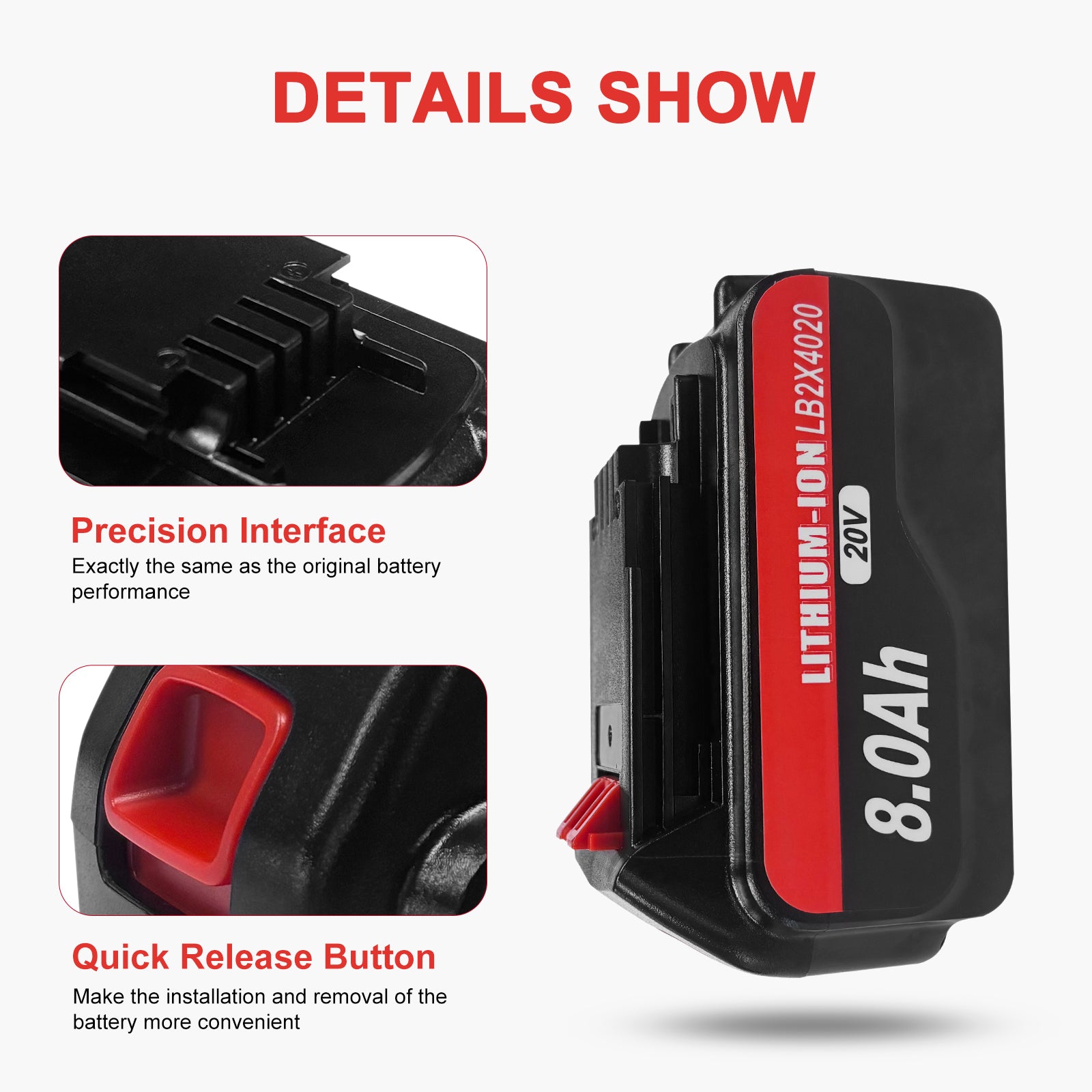 8.0Ah 2 Packs Lithium Battery Replacement for Black and Decker 20V Lithium Battery LB2X4020 LB2X4020-OPE LBXR20 LBXR2020APB Compatible with Black+Decker 20V Max Tools and Chargers