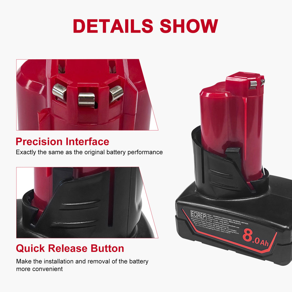 2Pack 8000mAh 12V Battery Replacement for Milwaukee M12 Battery Compatible with 12 Volt M12 Cordless Power Tools 48-11-2401 48-11-2402 48-11-2460 48-59-2401