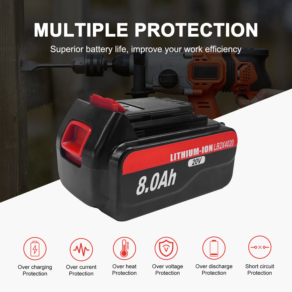 8.0Ah 2 Packs Lithium Battery Replacement for Black and Decker 20V Lithium Battery LB2X4020 LB2X4020-OPE LBXR20 LBXR2020APB Compatible with Black+Decker 20V Max Tools and Chargers