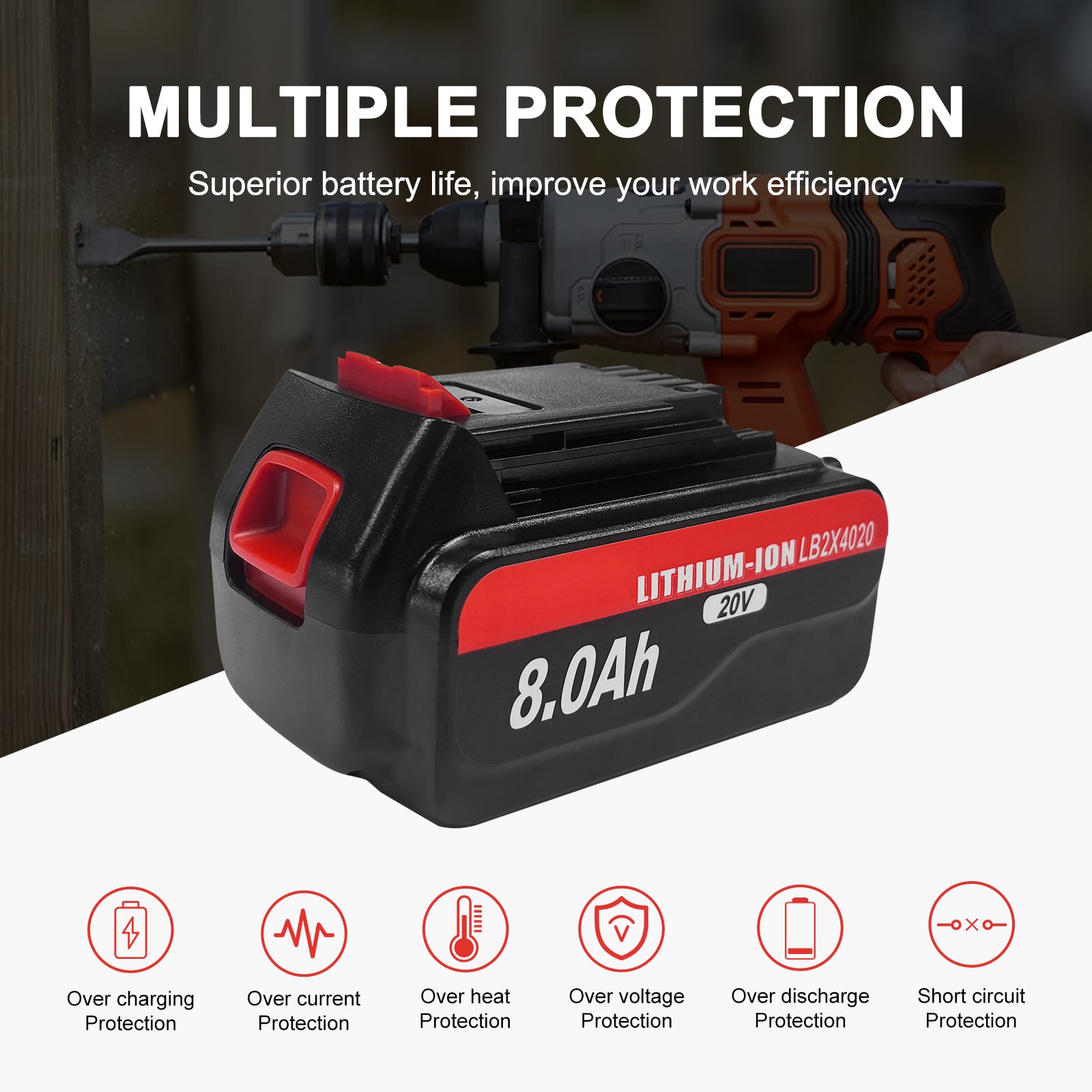 8.0Ah 2 Packs Lithium Battery Replacement for Black and Decker 20V Lithium Battery LB2X4020 LB2X4020-OPE LBXR20 LBXR2020APB Compatible with Black+Decker 20V Max Tools and Chargers