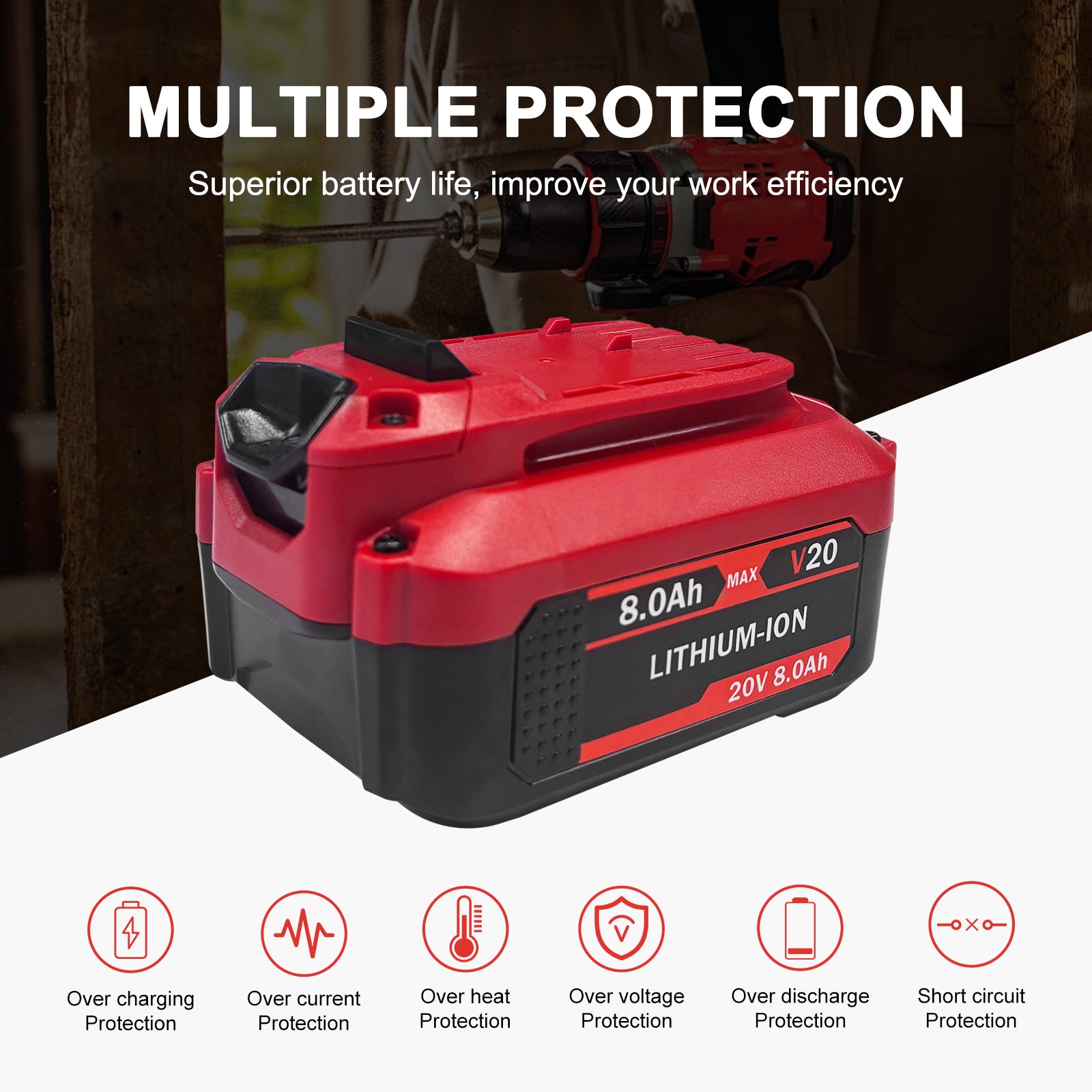8.0Ah 2 Packs Lithium Battery Replacement for Craftsman 20V Battery CMCB202 CMCB202-2 CMCB204 CMCB204-2 CMCB205 CMCB201 CMCB209 High Capacity Compatible with Craftsman V20 Tools and Chargers