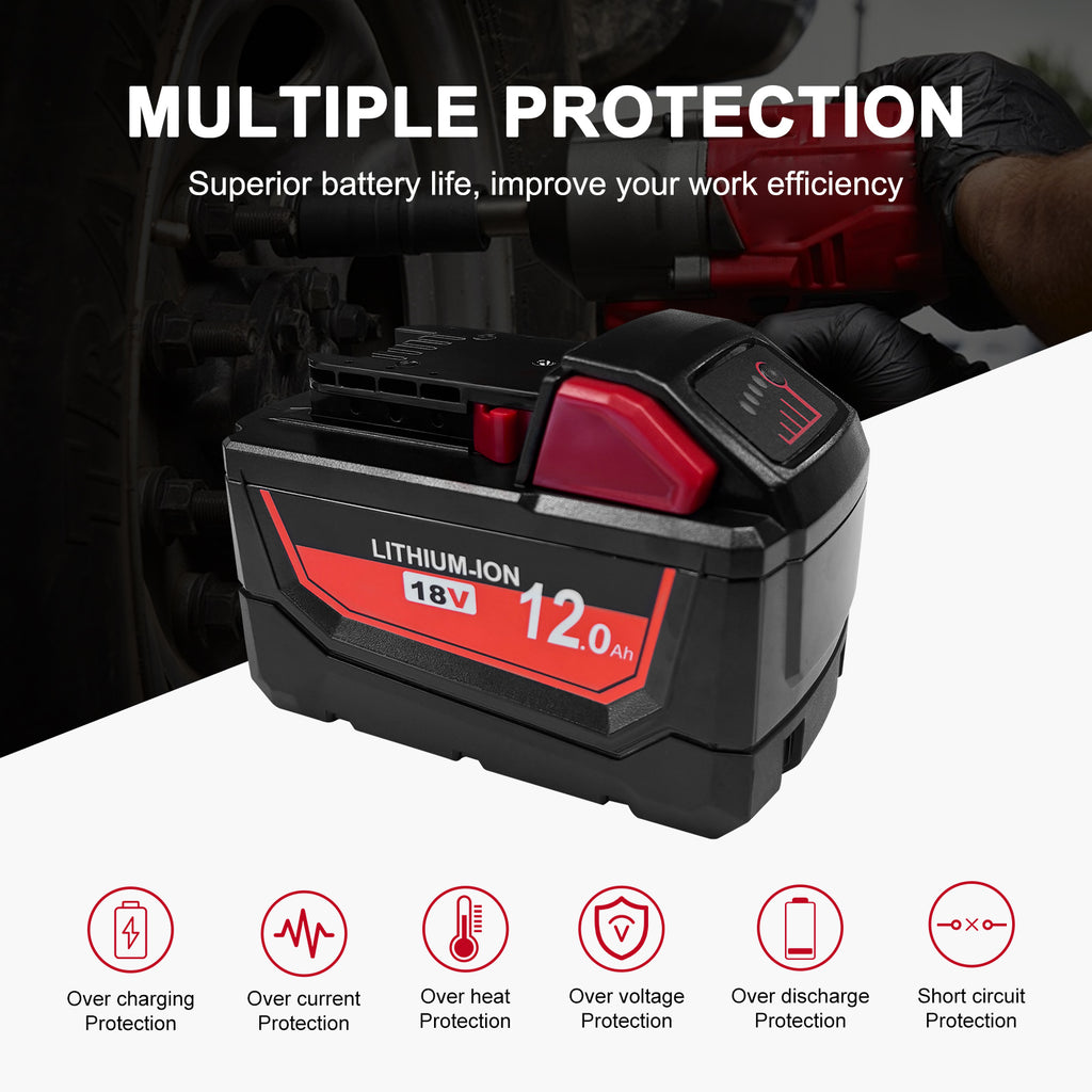 12 Ah Replacement for Milwaukee M18 Battery | Compatible with Milwaukee 48-11-1810 48-11-1820 48-11-1840 48-11-1850 48-11-1828 48-11-1860 18V Cordless Power Tools
