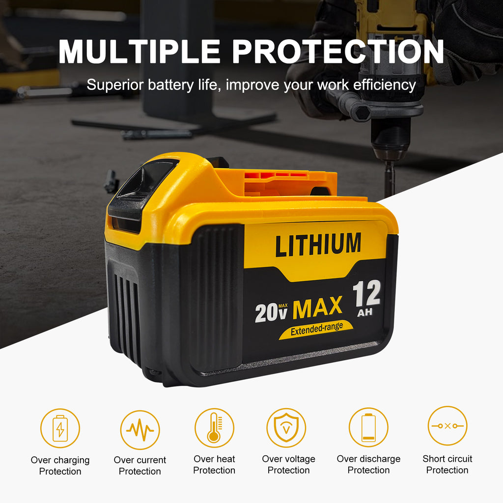 12.0Ah 2-Pack Replacement Battery for Dewalt 20V Max Battery Tools Compatible with DCB200, DCB206, DCB204, DCB203 Series & More, High Capacity Power Cells for Cordless Drills, Saws