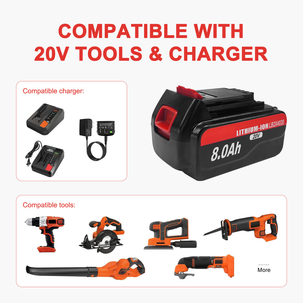8.0Ah 2 Packs Lithium Battery Replacement for Black and Decker 20V Lithium Battery LB2X4020 LB2X4020-OPE LBXR20 LBXR2020APB Compatible with Black+Decker 20V Max Tools and Chargers