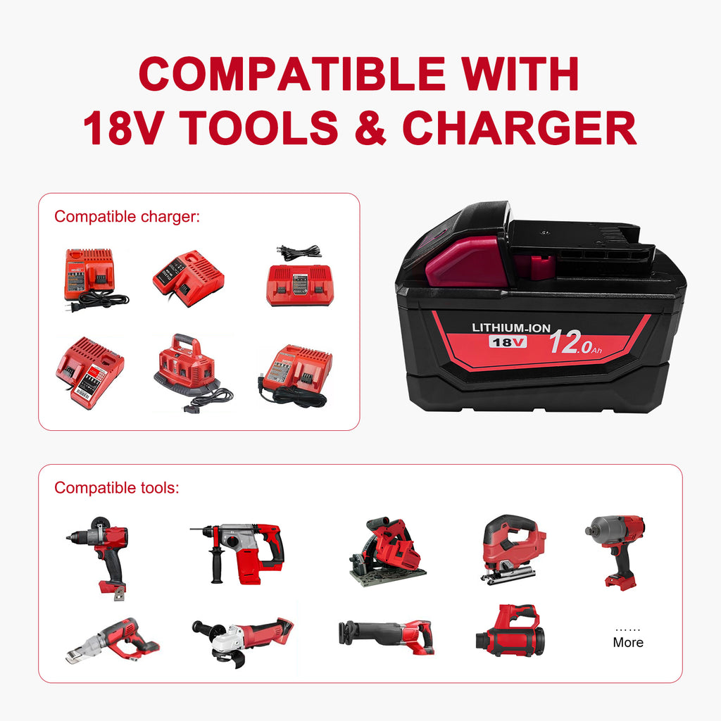 12 Ah Replacement for Milwaukee M18 Battery | Compatible with Milwaukee 48-11-1810 48-11-1820 48-11-1840 48-11-1850 48-11-1828 48-11-1860 18V Cordless Power Tools